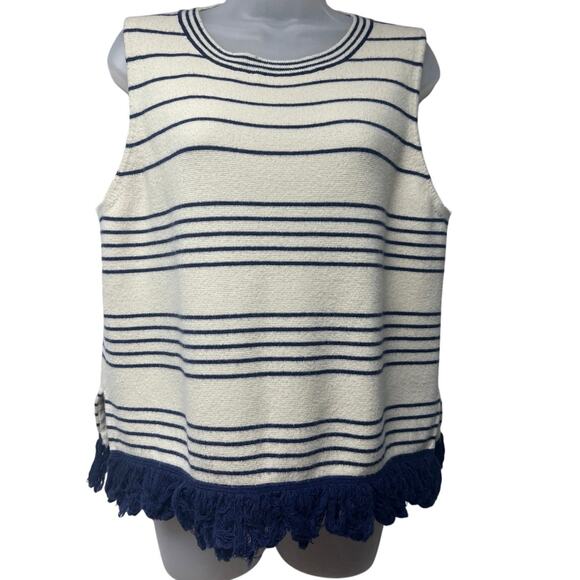 J. Crew Fringe Sleeveless Sweater Top Size Large Cream Blue Stripes Wool Blend - Picture 1 of 4